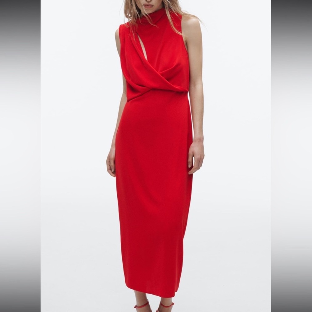 ZARA DRAPED MIDI DRAPED DETAIL DRESS IN RED NWT